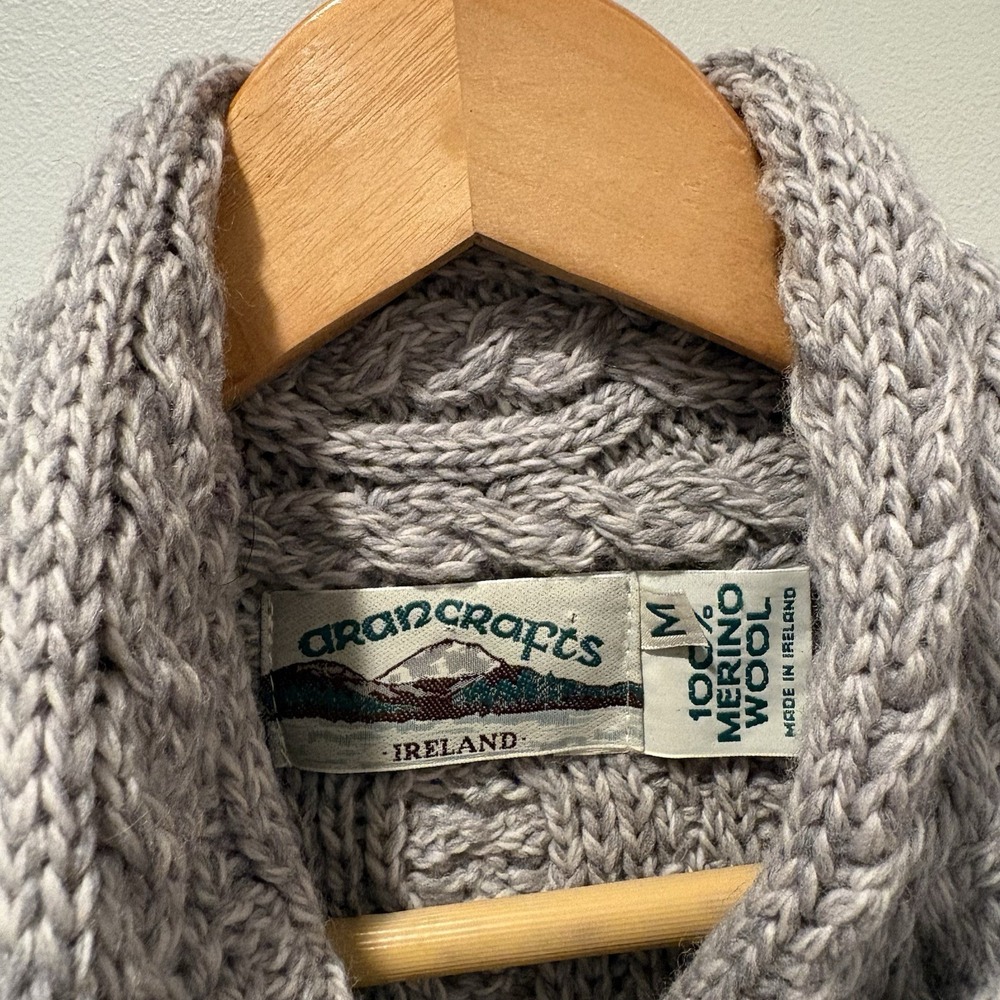 Aran Crafts Asymmetric Cable Knit Cardigan Sweater 100% Merino Wool Sz M Gray - Picture 2 of 8
